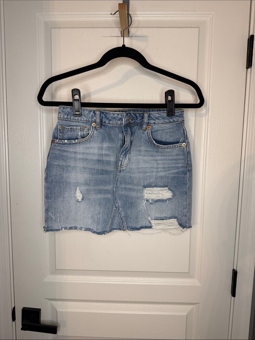 All Saints Light Blue Distressed Denim Mini Skirt - Picture 2 of 4
